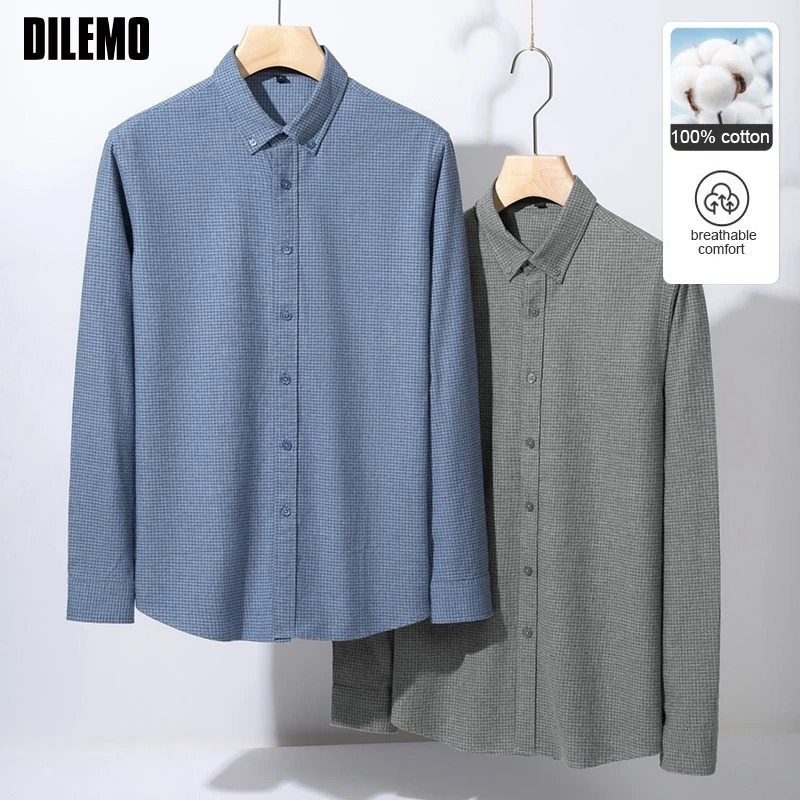 Top Grade 100 Cotton Wrinklefree Easycare Men Shirt Long Sleeve Breathable Button Down Checkered Slim Business Casual Tops 251016