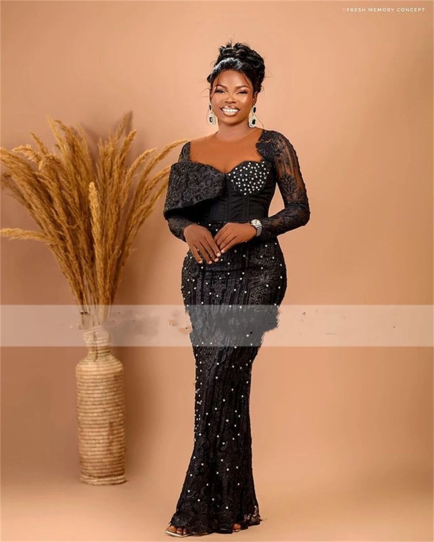 Luxury Aso Ebi Black Mermaid Evening Dresses 2026 With Overskirt For African Women Long Sleeves Formal Beaded Prom Party Gowns O22