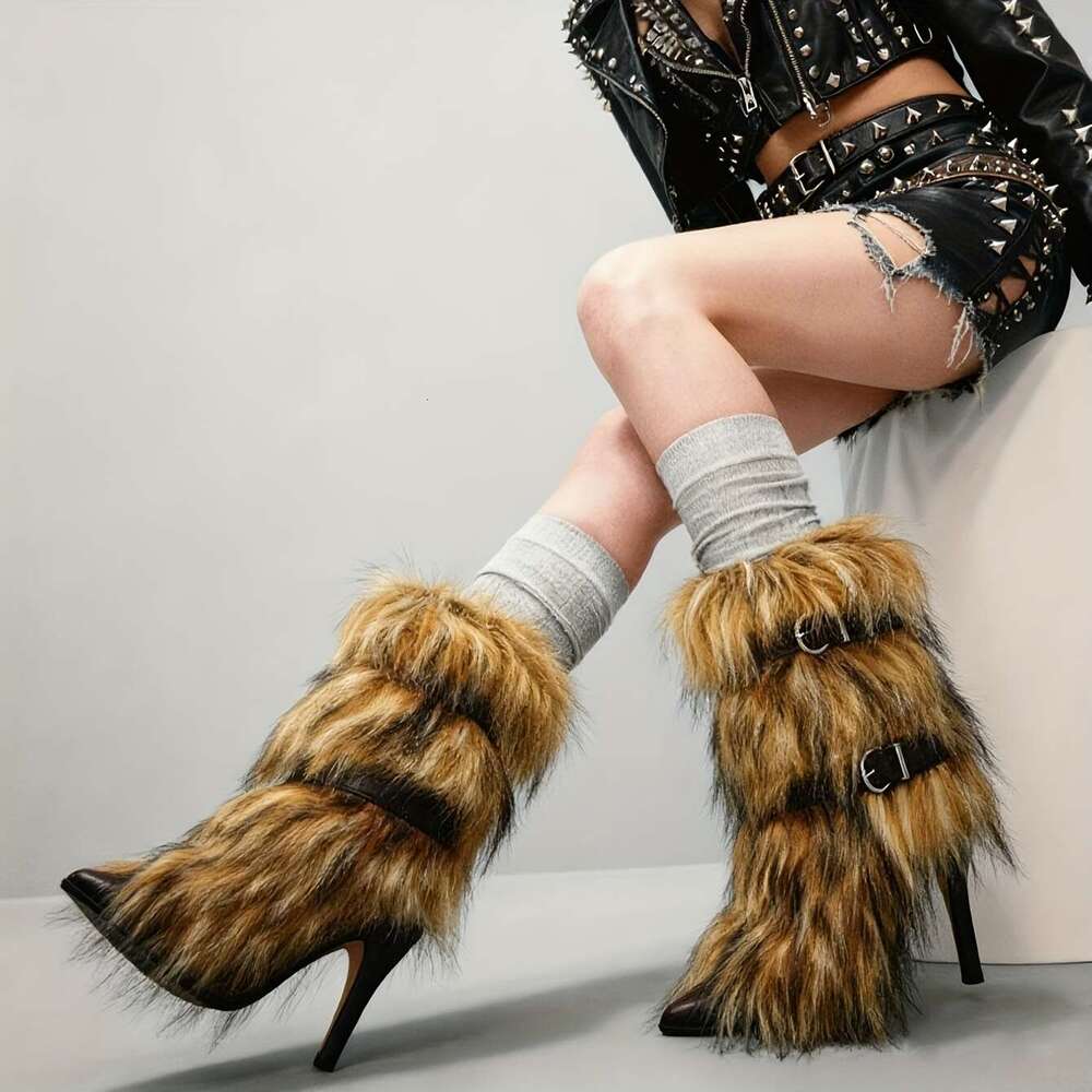Women's Punk Style Faux Fur Fluffy Pointed Toe Stiletto Ankle Plush Lining Warm Winter Snow Boots With EVA Insole & Non-Slip Rubber Sole, Cozy Fu