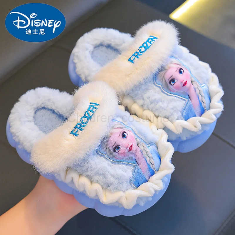 Disney Princess Elsa Winter Childrens Cotton Home Slippers Frozen Girls Snow Non Slip Warm Baby Slippers Pink Blue Size 2436 H2510221