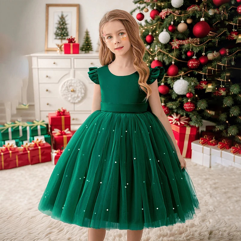 Toddler Girl Red Christmas Princess Dress Cute Girl Birthday Party Prom Gown 38 Years Kids Backless Bow Beading Xmas Costume 251021