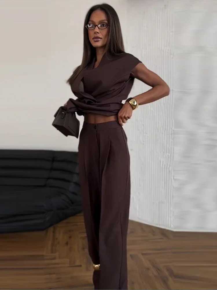 Elegant Solid Jacket Pants Set Women Sleeveless Double Breasted Stand Collar Top Straight High Waist Trousers Spring SuitT251022