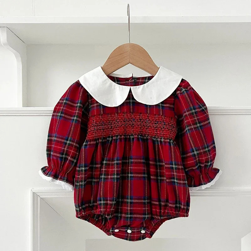 Christmas Infant Baby Girl Romper Autumn Winter born Children Clothes Red Plaid Lapel Long Sleeved 251022