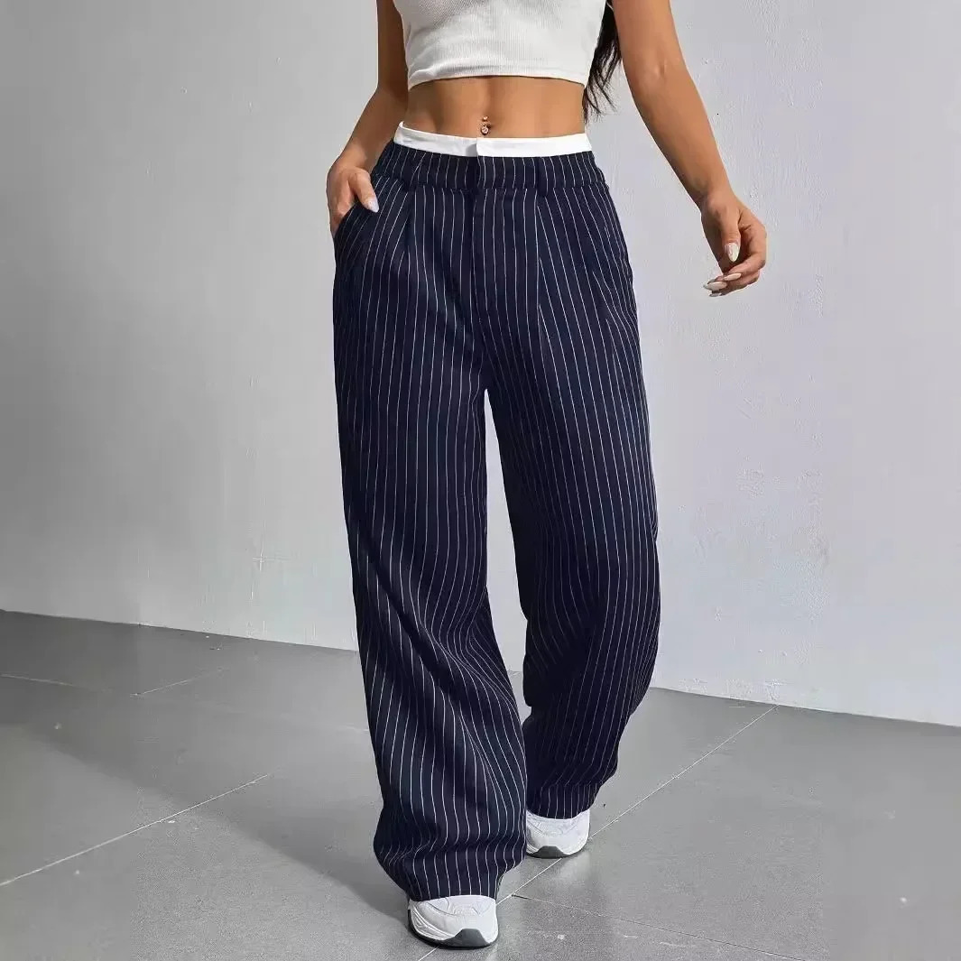 Women Stripes Printed Full Length Pants Trousers High Waist Fashion Casual Y2K Pants Loose Wide Leg 251022