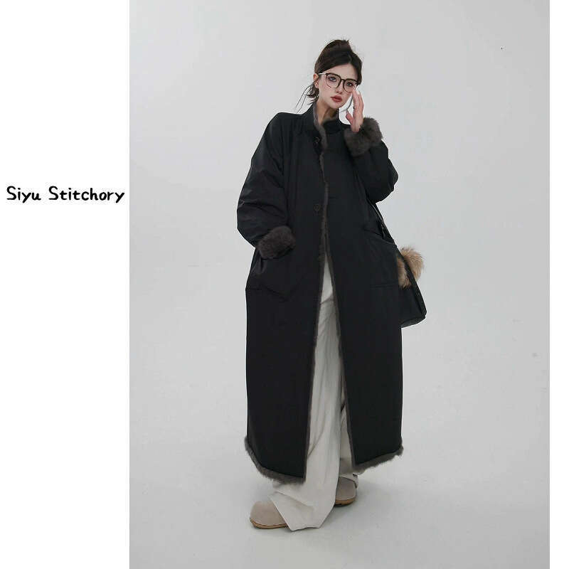 2025 Design New Angora Rabbit Long Reversible Fur Coat For Women Fur Coat Jacket Rabbit Fur Lining Sheepskin Collar Long Style Coat Clothing