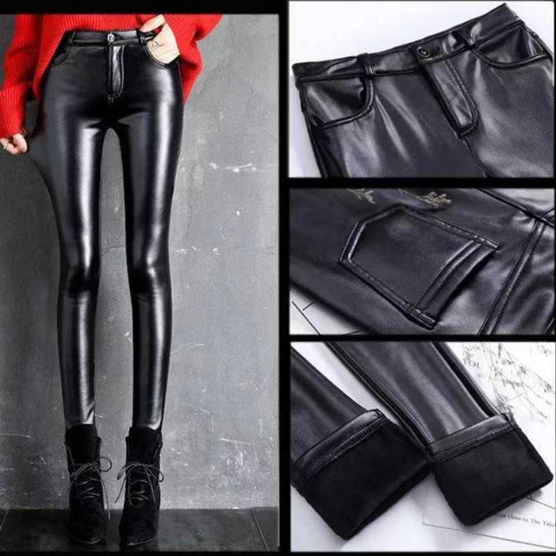 Cashmere PU Leather Pants Womens AutumnWinter 2024 Thickened and Fleece HighWaisted Slim Fit Tight Warm Pants Leggings BlackT251022