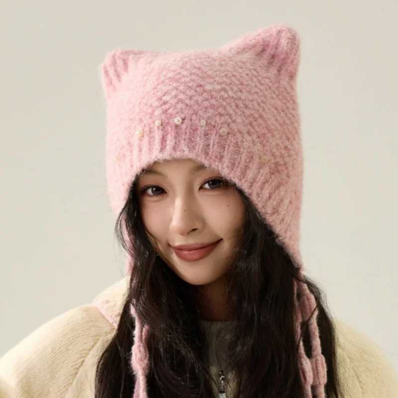 Unique Twisted Braid Knit Hat Winter Warmth Fringe Knit Earflap Hat Versatile Beanie Cat Lovely J251022