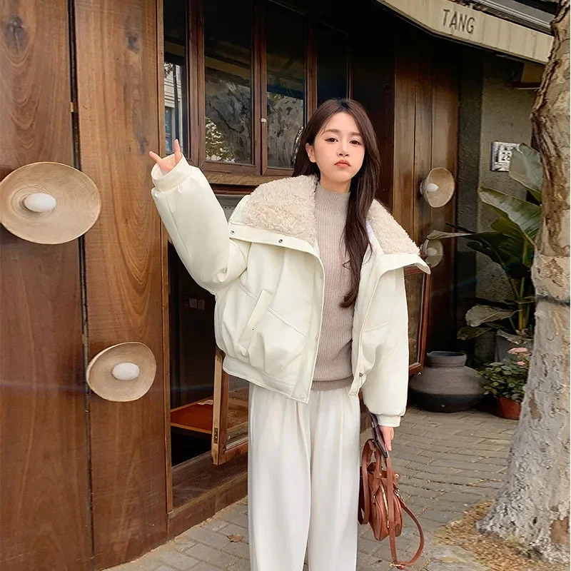 Thick Faux Lamb Pu Leather Jacket Women Y2K Streetwear Loose Lapel Motorcycle Coats Bf American Retro Warm Bomber Outwear 251021