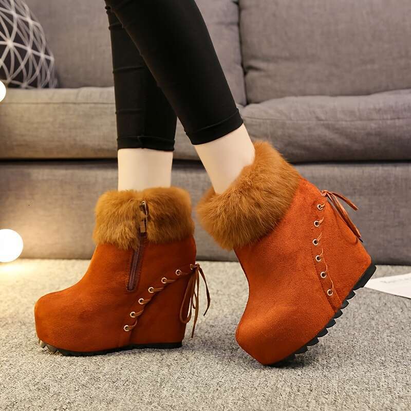 Women's Fashion Ankle Booties, Solid Color, Round Toe, Flat Heel, Fabric Upper, Inner & Insole, PVC Sole, With Faux Fur Trim, Hand Washable, For 