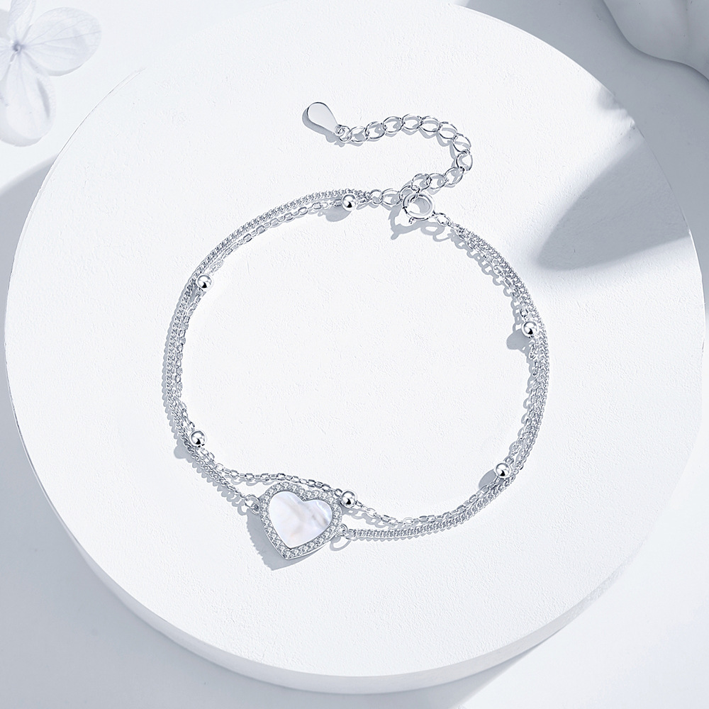 TaiYang New Mother-of Peal S925 Sterling Silver Heart Double-Layer Bracelet for Women Luxury High-End Minimalist Heart-Shaped Pearl Jewelry High quali