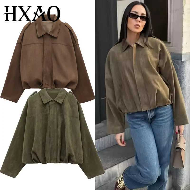 HXAO 2025 Womens Jackets Cropped Suede Jacket Women DemiSeason Bomber Jackets Long Sleeve Coats Oversize Zipper Solid Coats1 Y251105