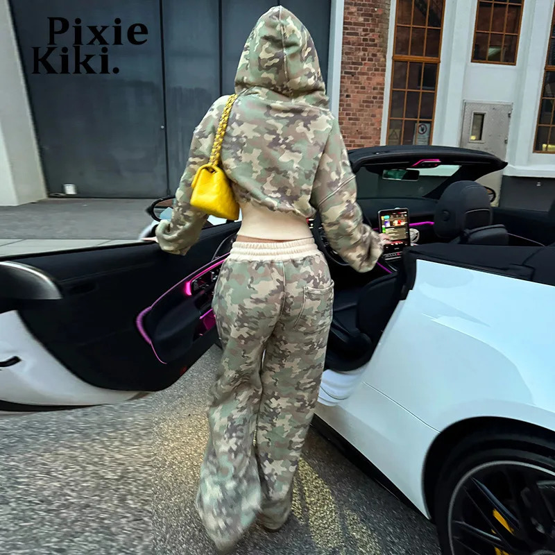 PixieKiki Two Piece Sets Camo Zip Up Hoodies and Sweatpants Fashion Tracksuit Women Y2k Street Wear Clothes P77AZE100 251010