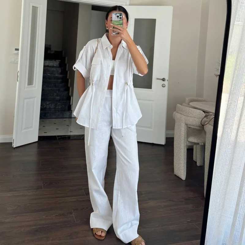 Fashion Solid Color Drawstring Button Shortsleeved Tops Work Pants Sets Women Summer Top Pocket Work Pants Sets For Women 2025T251022