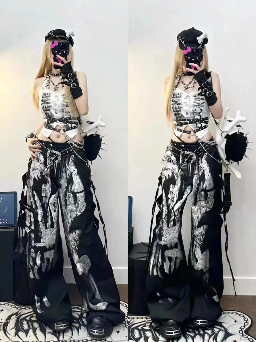 Y2K Grunge Silver Painted Cargo Pants Womens Gothic Drawstring Wide Leg Baggy Streetwear Trousers Female Punk Harajuku Bottoms 251017