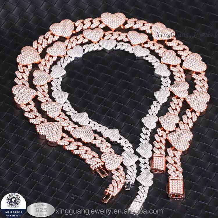 Yy Hot Sale Iced Out Heart Shape Design VVS Moissanite Cuban Lidynamic Chain Necklace 925 Silver Rapper Hip Hop Jewelry