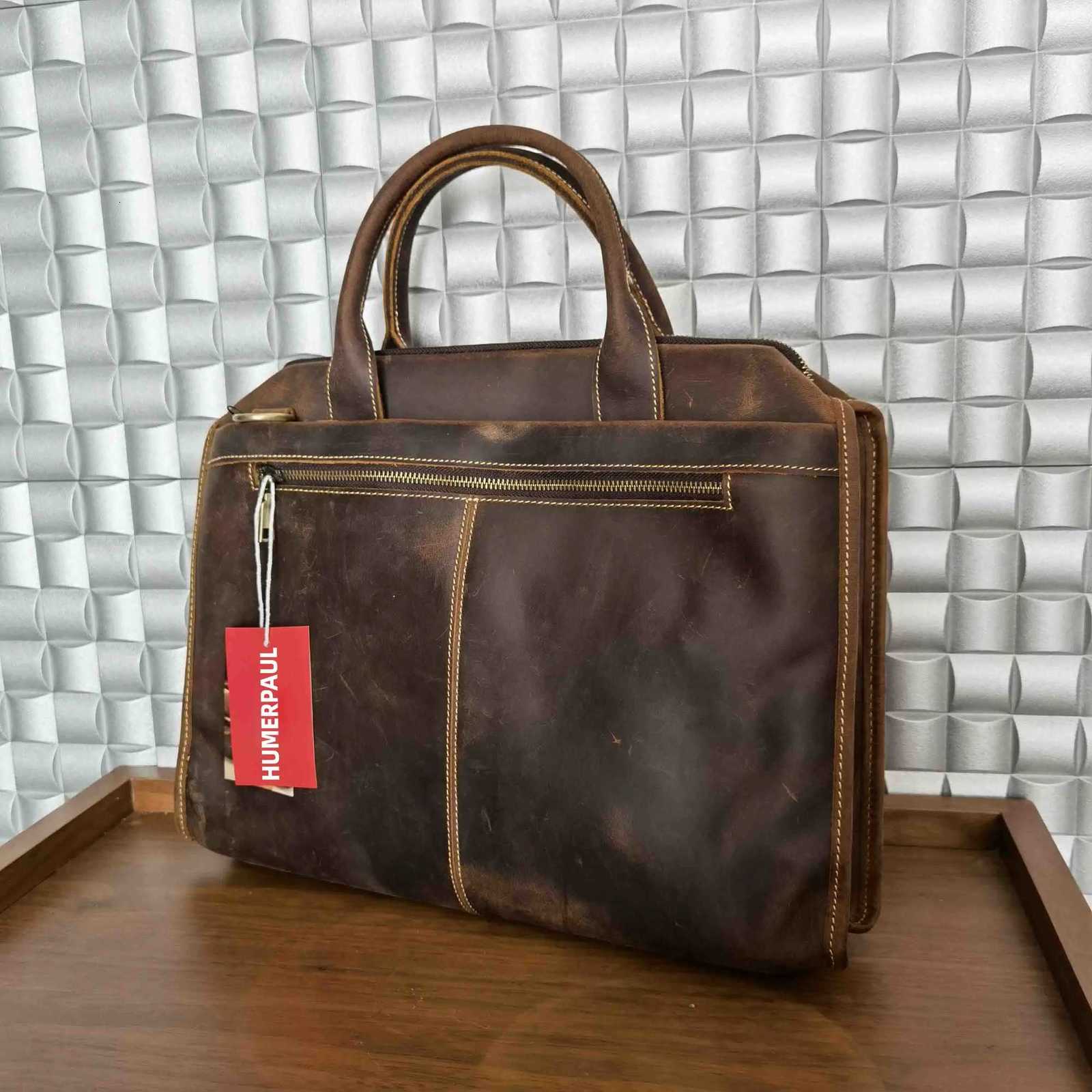 HUMERPAUL 100 Genuine Leather Travlling Bags Office Business Briefcase For Men Vintage Cowhide Designer Messenger Bag W251022