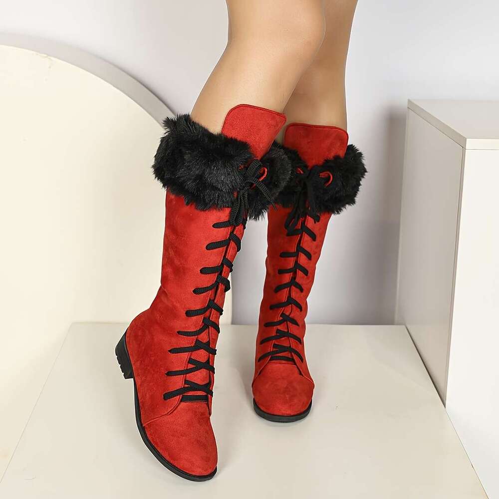 Women's Thick Platform Heel, Slip-Resistant Rubber Sole, Lace-Up Ankle For Cold Weather, Motorcycle Riding, Everyday & Formal Events Red/Black/ -