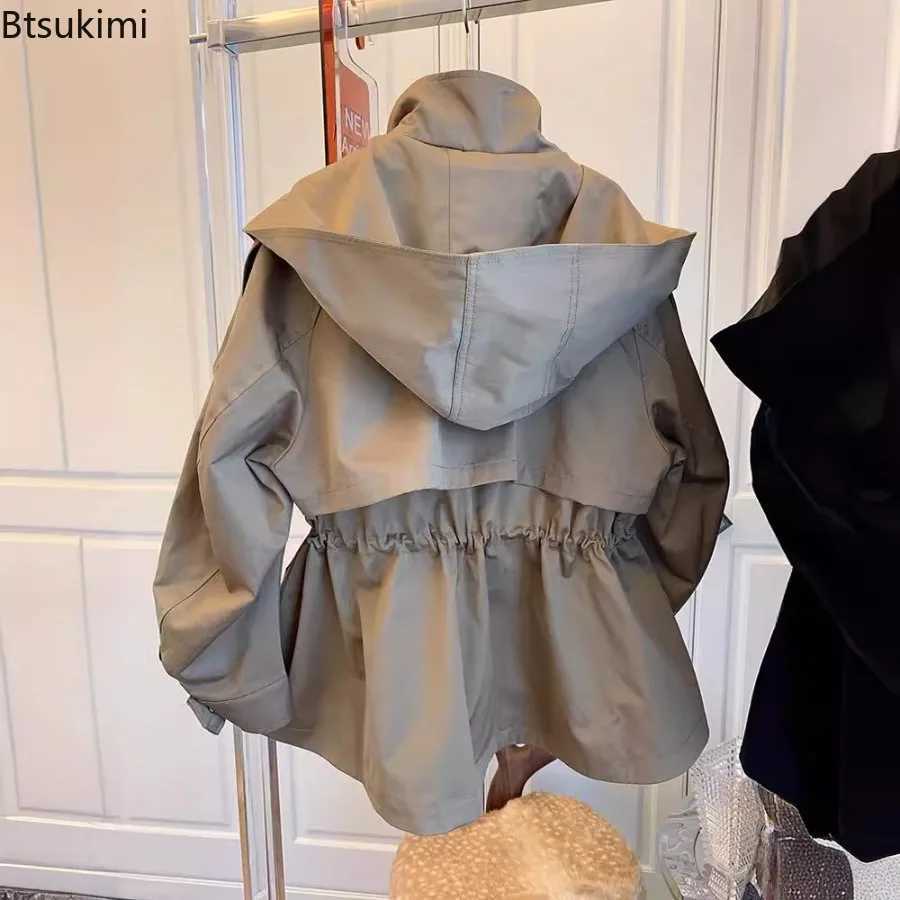 Autumn Women Elegant Oversized Hooded Trench Coat Pocket Long Sleeve Zipper Drawstring Tie Loose Leisure Wind Breaker Jacket Y251105