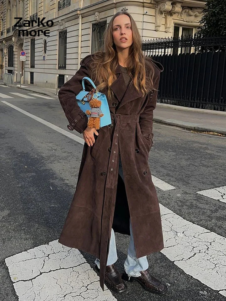 Chic Faux Suede Belt Long Trench Coat Women Lapel Double Breast Full Sleeve Windbreaker Autumn Winter Lady Commute 251021