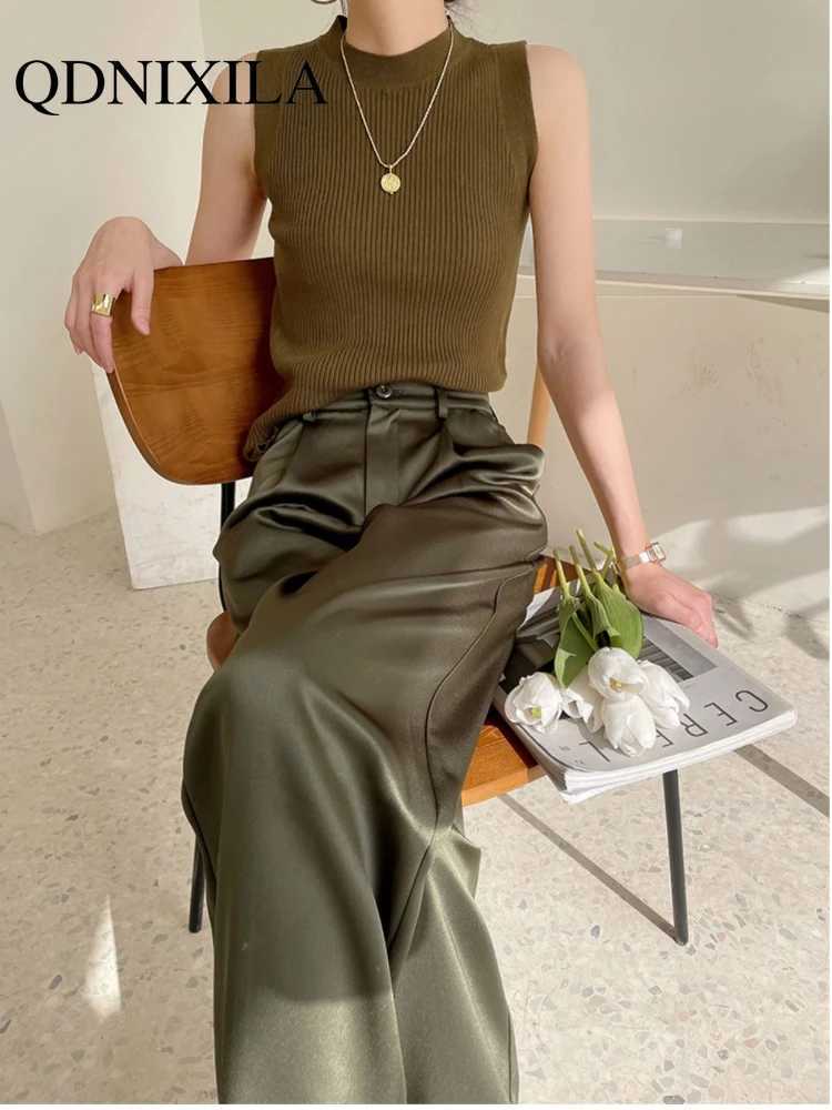 Summer Autumn Womens Pants Loose Classic Black Straight High Waist Casual Korean Silk Satin Wide Leg Trousers for Women PantsT251022