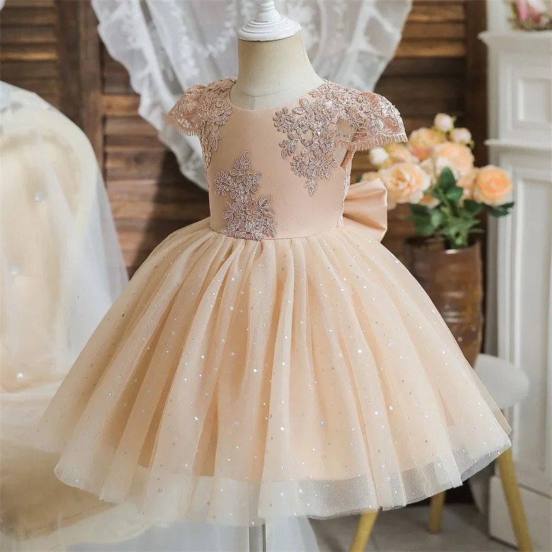 Toddler Girls 1st Birthday Party Dresses Cute Bow Kids Princess Lace Tulle Short Dress Flower Girls Dresses for Wedding 15 Year 251021