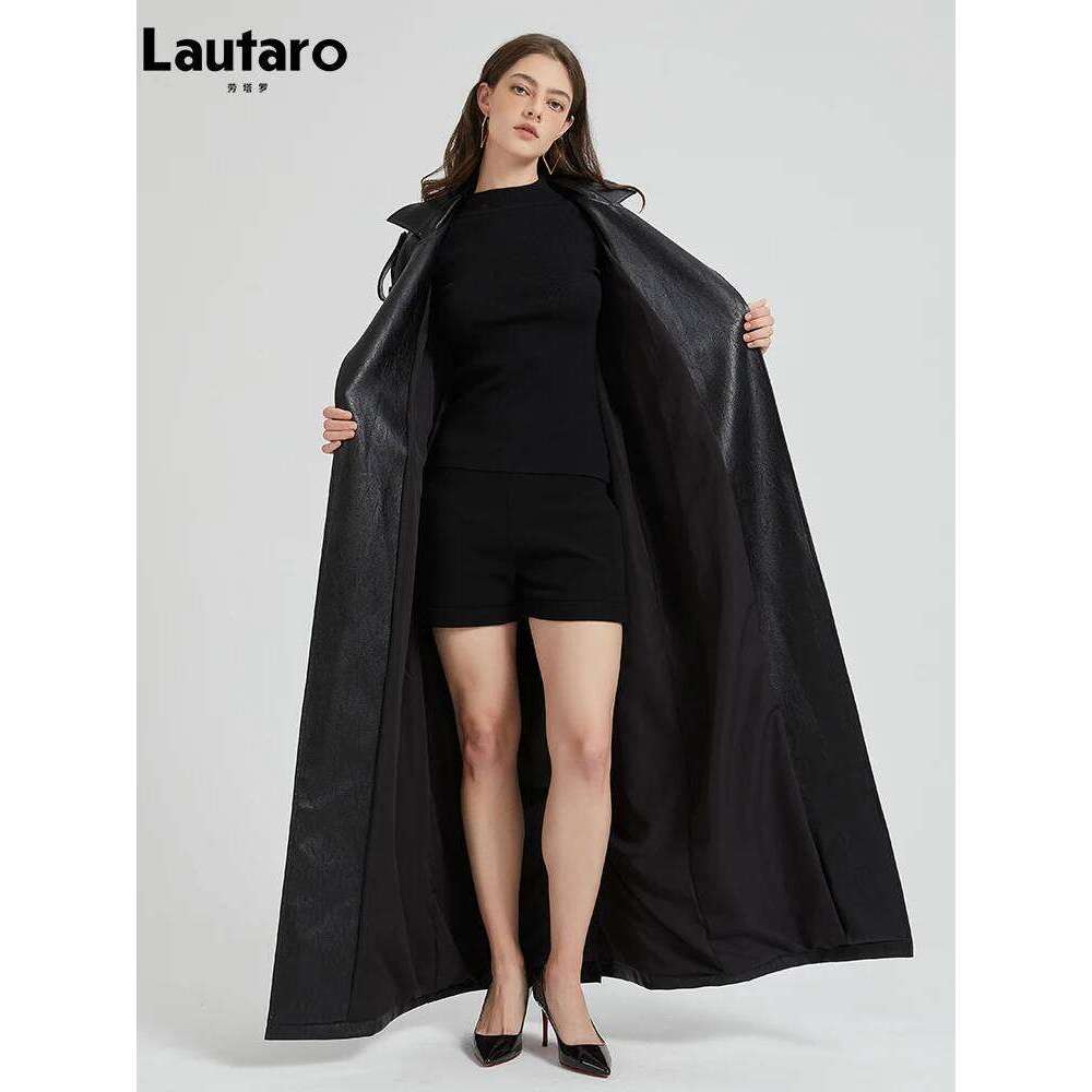 Lautaro Spring Autumn Extra Long Brown Pu Leather Trench Coat for Women Sashes Chic Overcoat Runway European Fashion 2024