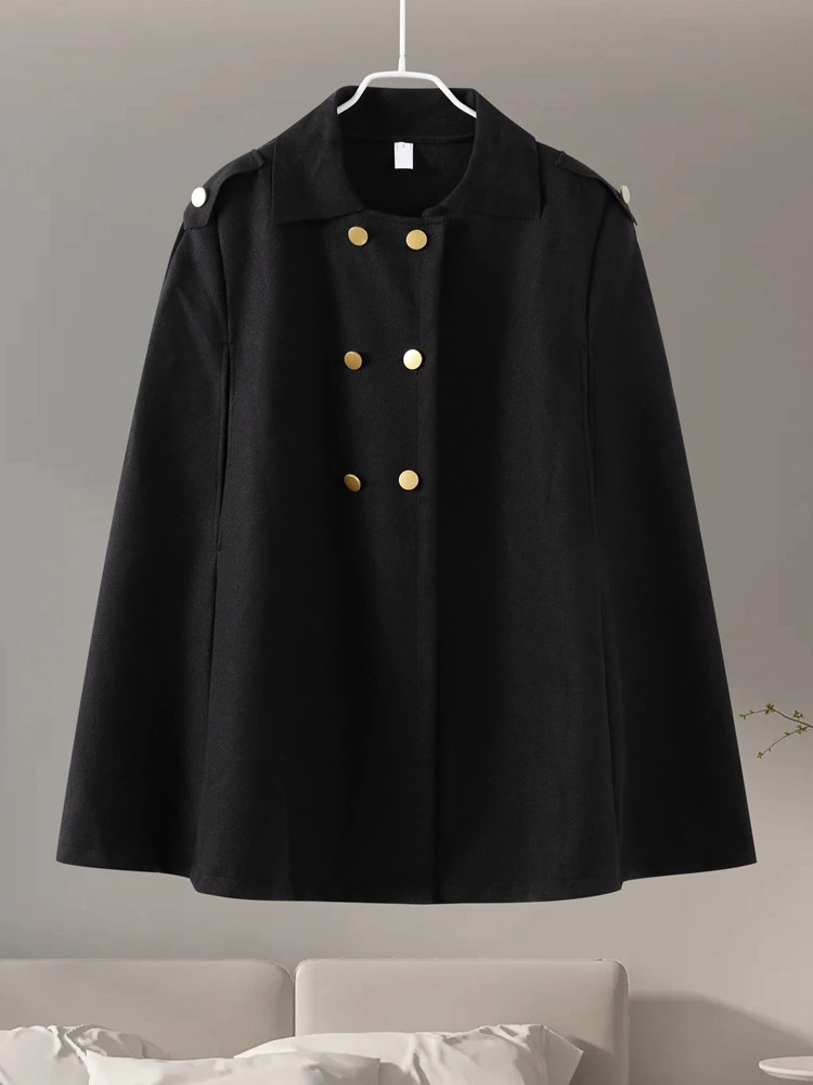 Autumn And Winter Double Breasted Women Cape Coat Loose Solid Color Female Overcoat Fashion Elegant Lapel Lady Oversized Wraps 251016