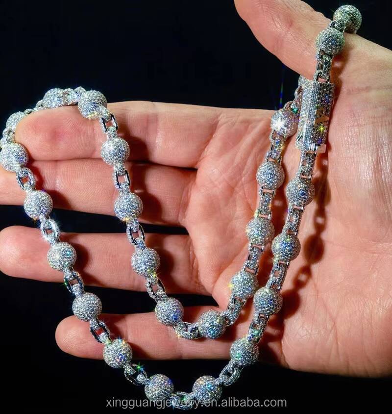 Fashion Hip Hop 10MM Full Iced Out Moissanite Ball Chain S925 Gold Plated VVS Diamond Cuban Lidynamic Chain Decoration Jewelry