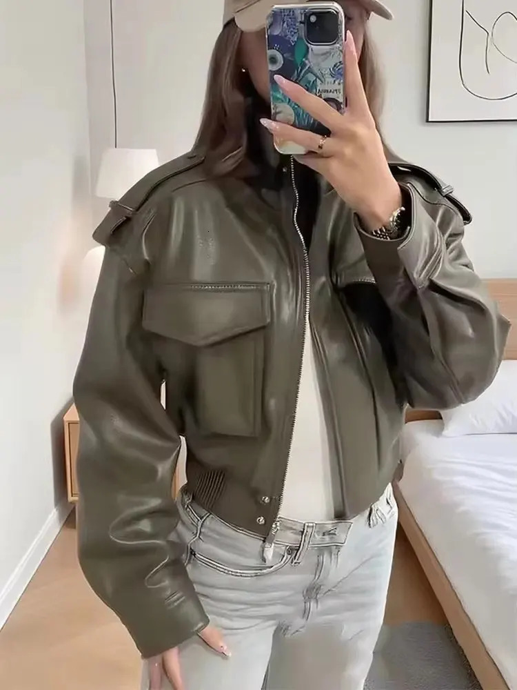 HH Women Faux Leather Cropped Jacket vintage Bomber Jackets With Pockets Long Sleeve Coats Zipper Overcoat Jacket For Woman 251020