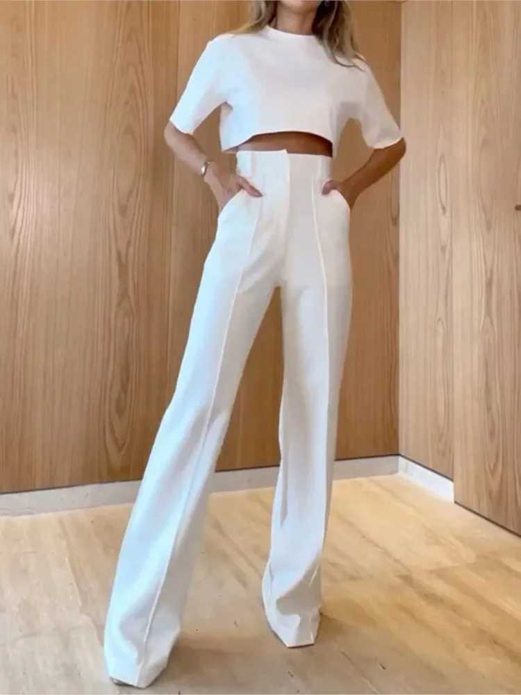 Fashion Solid Color Pants Sets Women O Neck Cropped Top High Waist Straight Trousers Two Piece Set Summer New Female StreetwearT251022