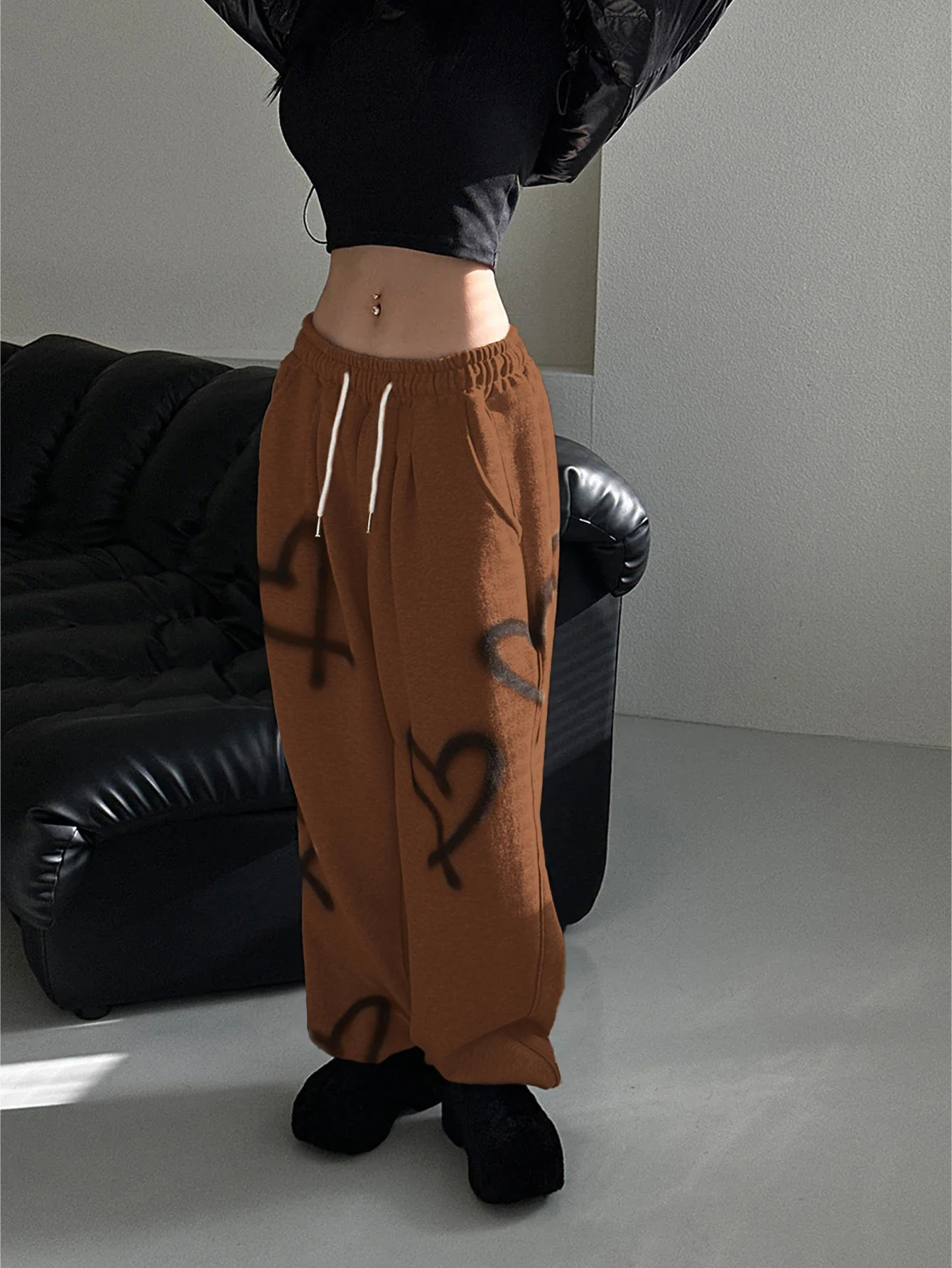 Womens Random Heart Print Drawstring Waist Sweatpants Y2k Pants Wide Leg 251017