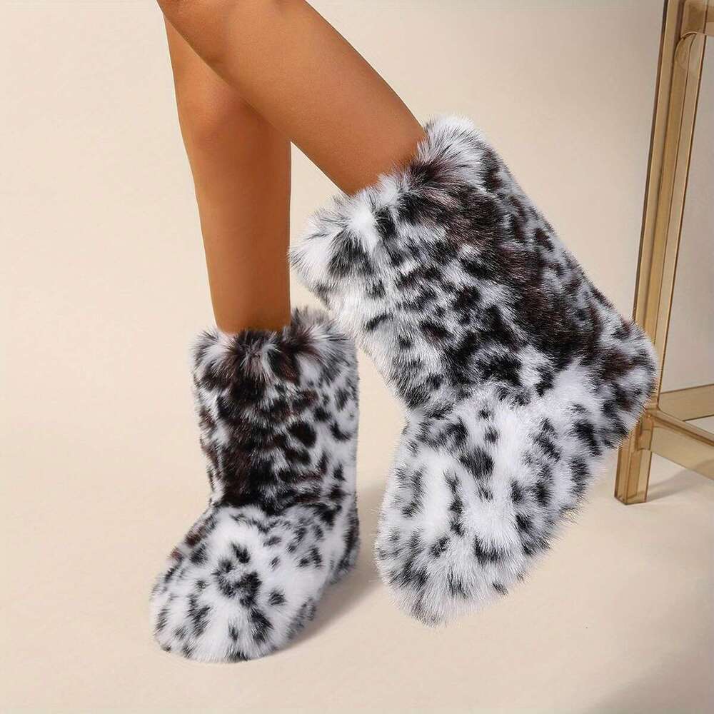 Women's Mid-Calf Faux Fur Y2k Fashion Winter Warm Snow Boots, Leopard Print Flat Heel, Round Toe Slip-On Cozy Booties With Soft TPR Sole