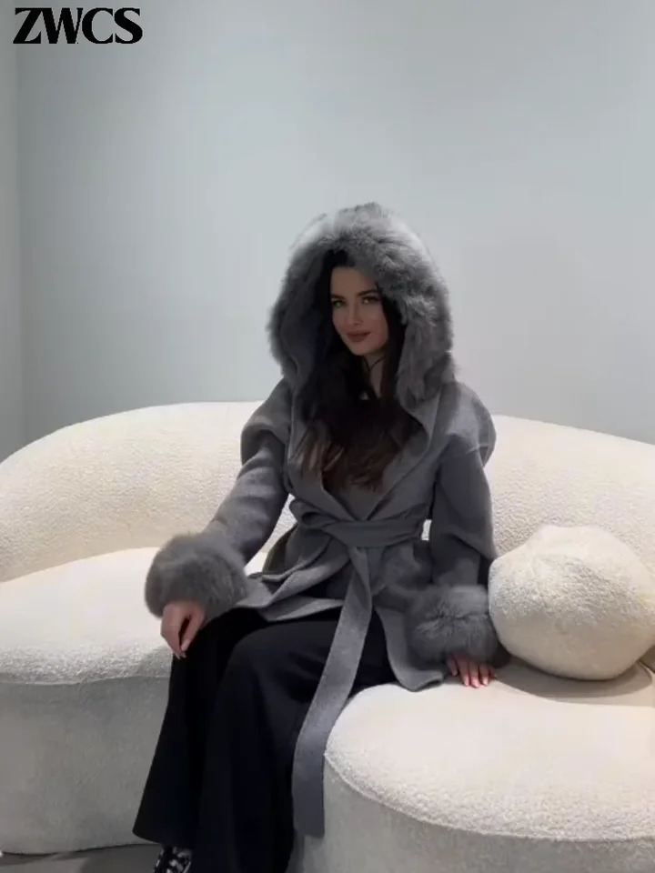 Hooded Fur Patchwork Laceup Woolen Coat Womens Street Lapel Pockets Full Sleeve Overcoats Winter Ladies Chic Outwear 251020