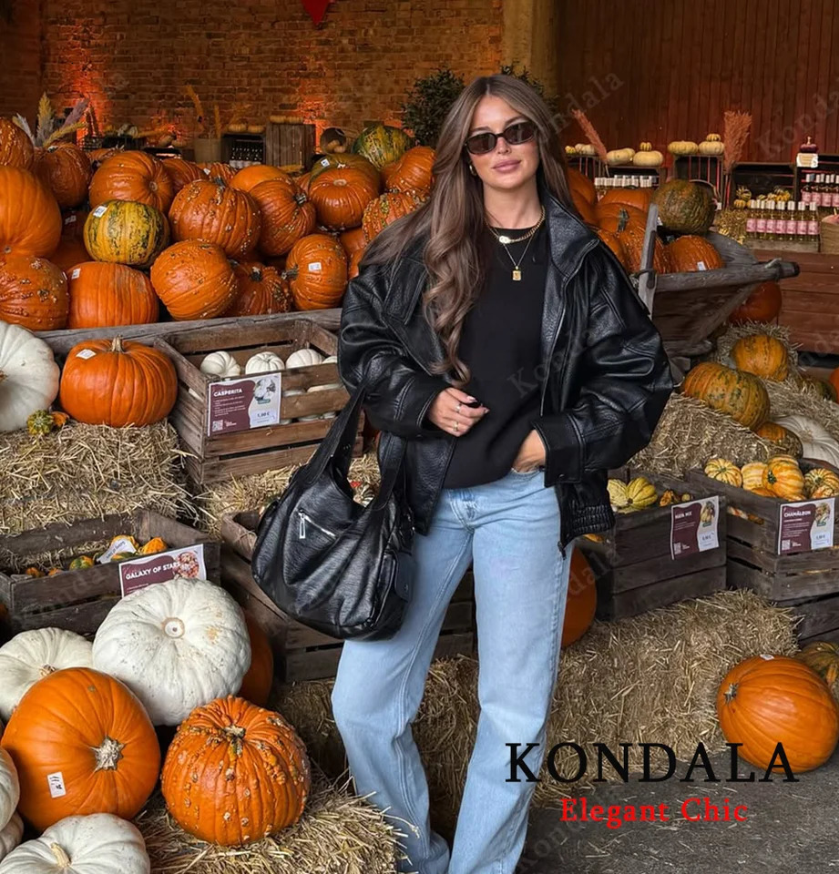 KONDALA Women Autumn Standup Collar PU Leather Jacket High Street Zipper Fashion Fall Winter Female Coat 251021