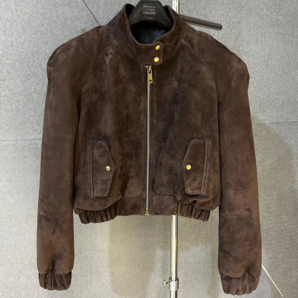 Cropped Suede Brown Women Jacket Dropshoulder Real Leather Jackets Outerwear 251021