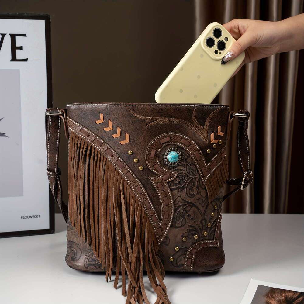 Women's Cowboy Crossbody With Fringe Tassel Decorations Adjustable Strap, Zipper Closure, Hardware, Turquoise Bead Accent Synthetic Faux Leather 