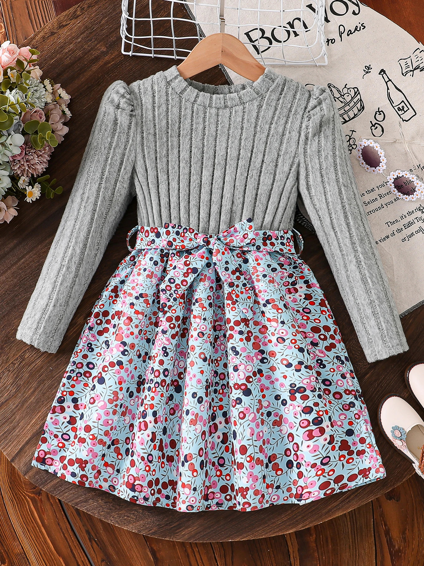 Spring and Autumn Girls Simple Casual Versatile Knitted Round Neck LongSleeved Floral Dress Girls Daily Casual Dress 251016