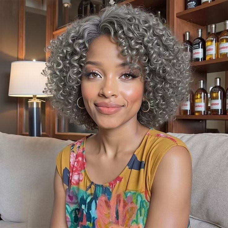 Real human Salt and pepper African american wigs chin length curly layered machine made wigs short with bang bob hairstyle