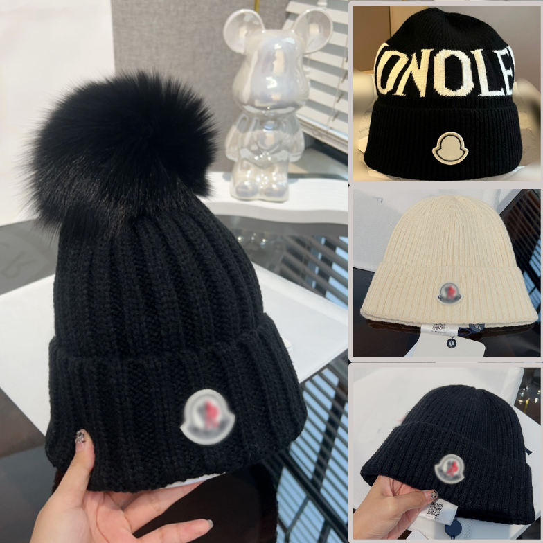 Women's Monclair beanie hairball design knitted hat casquette luxury winter mountaineering thermal hat hairball removable Christmas gift