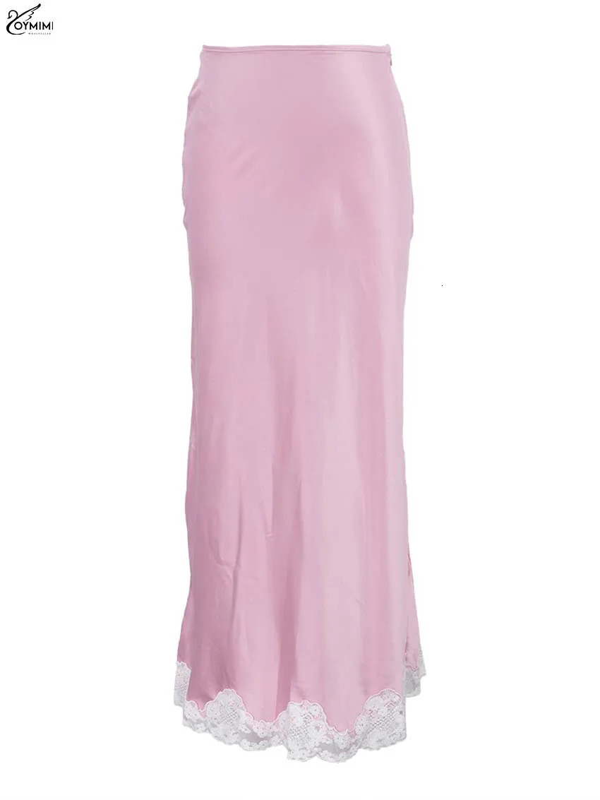 Oymimi Elegant Pink Lace Skirts For Women Casual Low Waisted Patchwork Skirts Streetwear Fashion Straight AnkleLength Skirt 251022