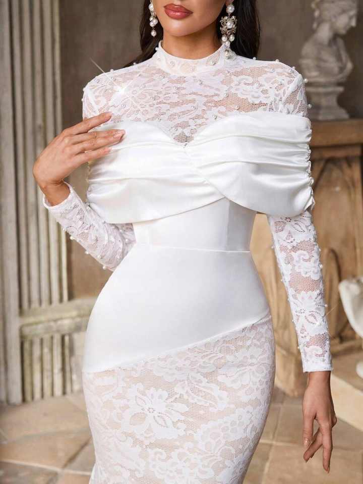 Vintage Mermaid Wedding Dress Long Sleeves High Neck Lace Pearls Bridal Gown Women Prom Dinner Party Customized