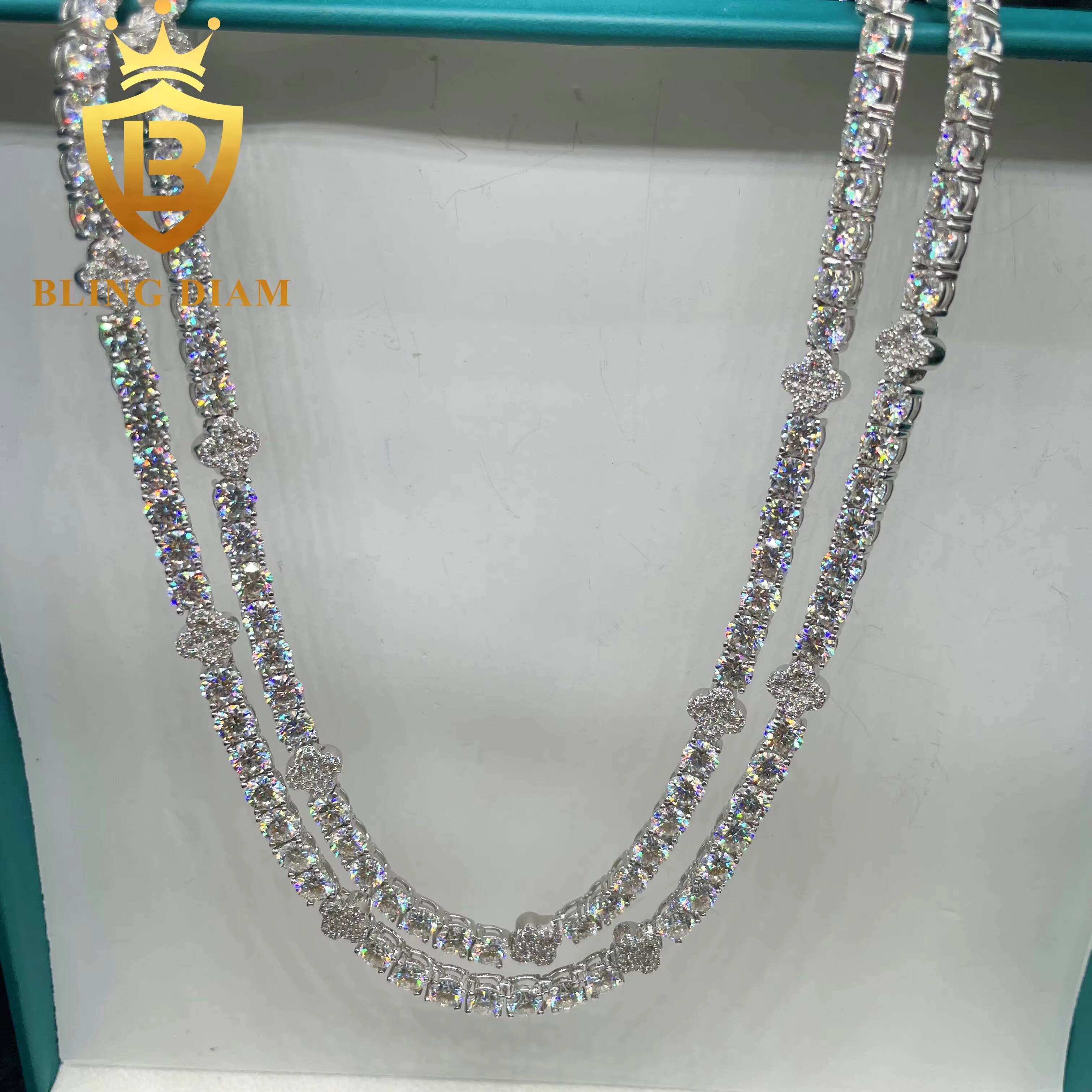 New Arrivals Iced Out Bling Four Clover 5mm Tennis Chain Cluster Necklace Hiphop Moissanite Diamond 925 Silver Men Woman