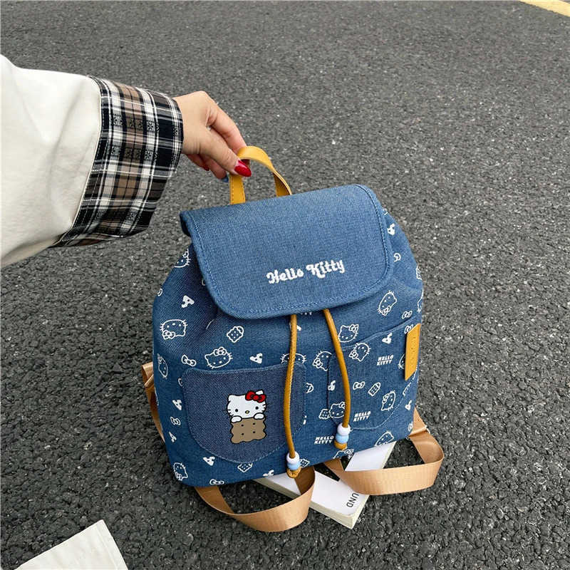 Sanrio Sanrios Hellokittys Large Denim Backpack for Women Cute Cartoon Bucket Bag Durable Handbag for Travel and Daily Use Girls Gifts L251022