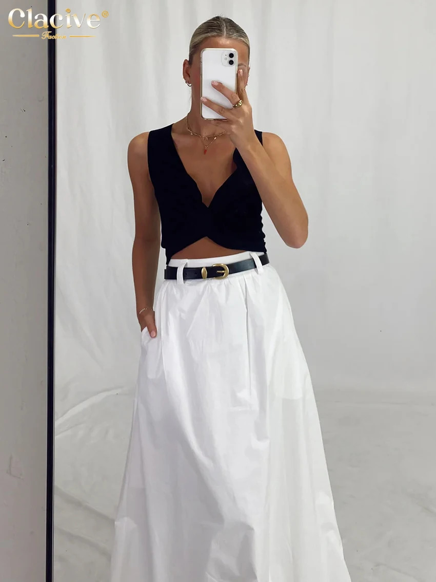 Clacive Fashion Loose White Cotton Womens Skirt 2025 Casual High Waist Long Skirts Elegant Classic Solid Skirt Female Clothing 251022