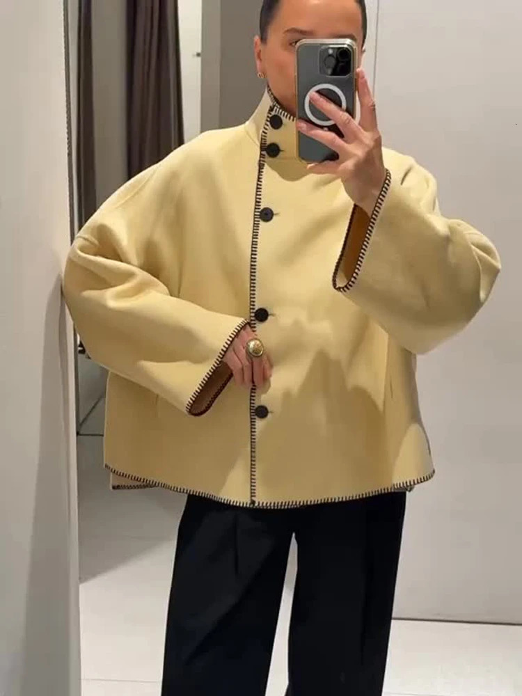 HH Woman Autumn Fashion Loose Coat Women Casual Long Sleeve Turtleneck SingleBreasted Decorate Solid Street Style Jackets 251021