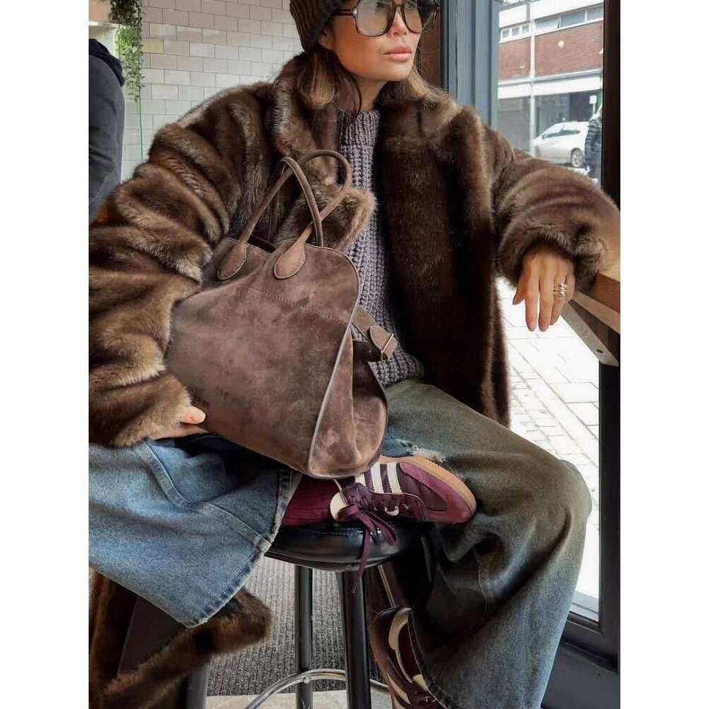 Fashion Mixed Color Lapel Faux Fur Overcoat Woman Elegant Full Sleeve Loose Long Coat 2025 Winter Lady High Street Jacket