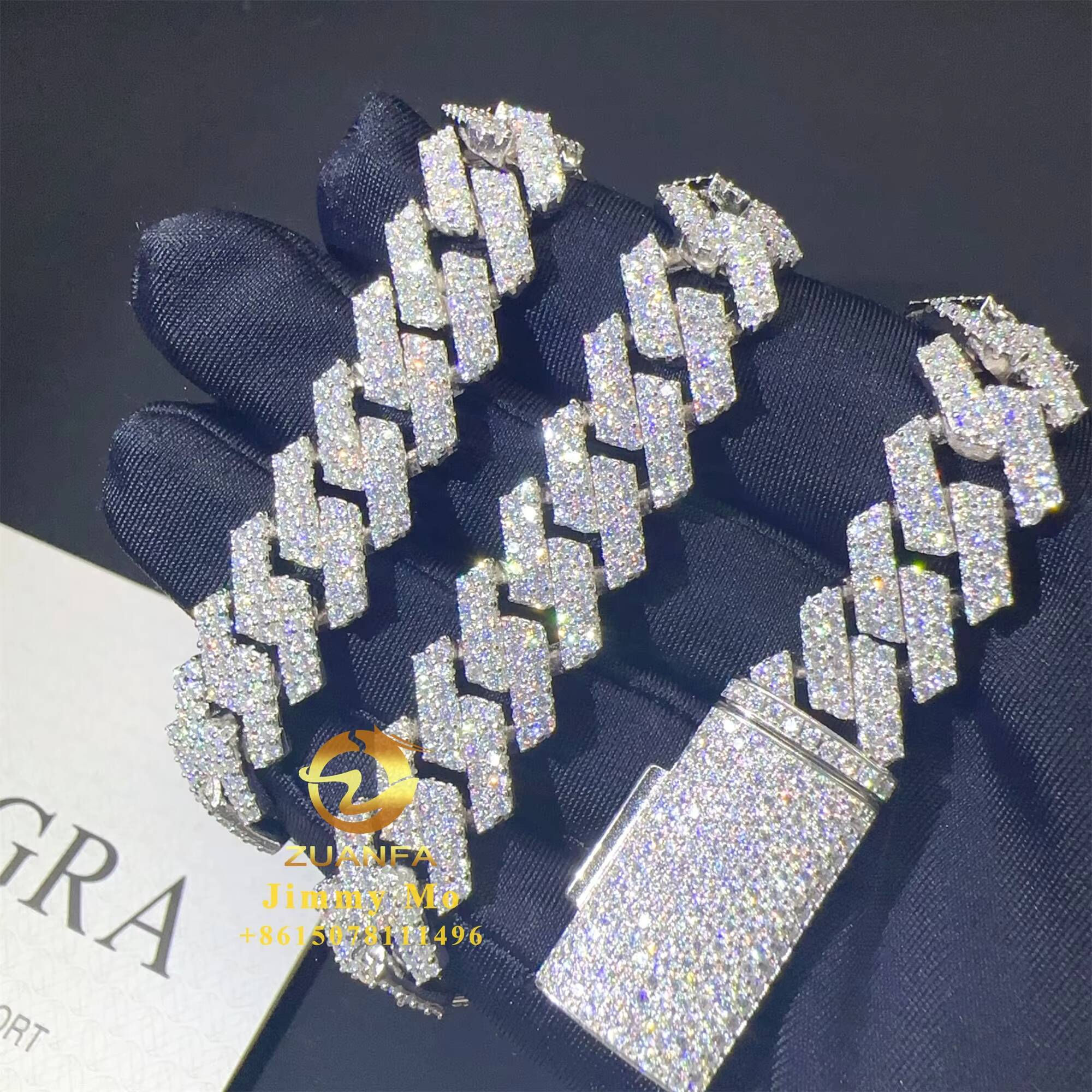 Hot Selling Pass Diamond Tester 925 Solid Silver 13mm Two Rows Iced Out Hip Hop Flawless Moissanite Diamond Cuban Link Chain