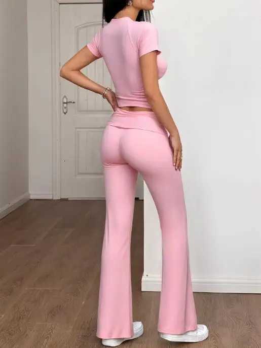 Womens Clothing In Springsummer 2025 Fashion Sporty Spicy Girl Style Solid Color Short Sleeved Wide Leg Pants TwoPiece SetT251022