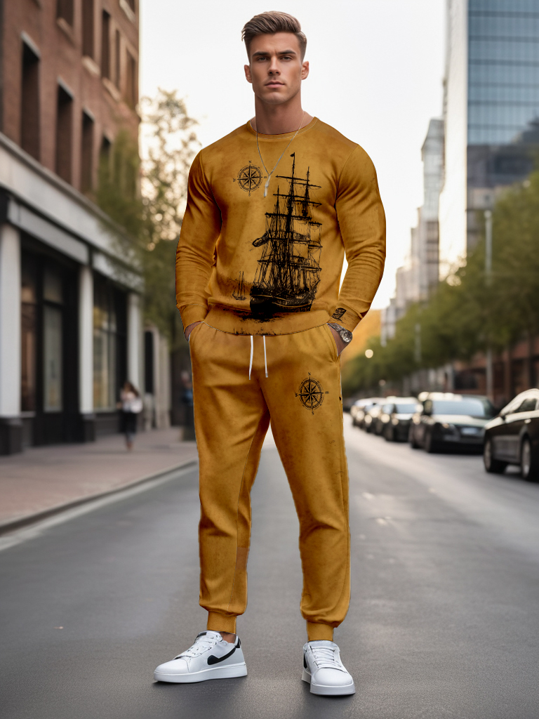 Men's Ankle-Length Knitted Cotton Blend Long Sleeve Sweatshirt Brown round Neck Casual T-Shirt Comfortable Outdoor Wear - YLWY00116