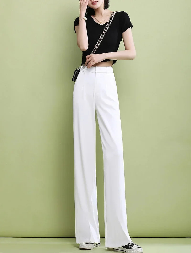 Elegant Trousers for Women Dress Pants Fashion Casual White Fluid Long Summer Woman Suit 2025 Straight Wide Leg Loose 251015